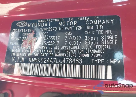 2020 Hyundai Kona Sel Plus из США, поврежденный, VIN KM8K62AA7LU478483